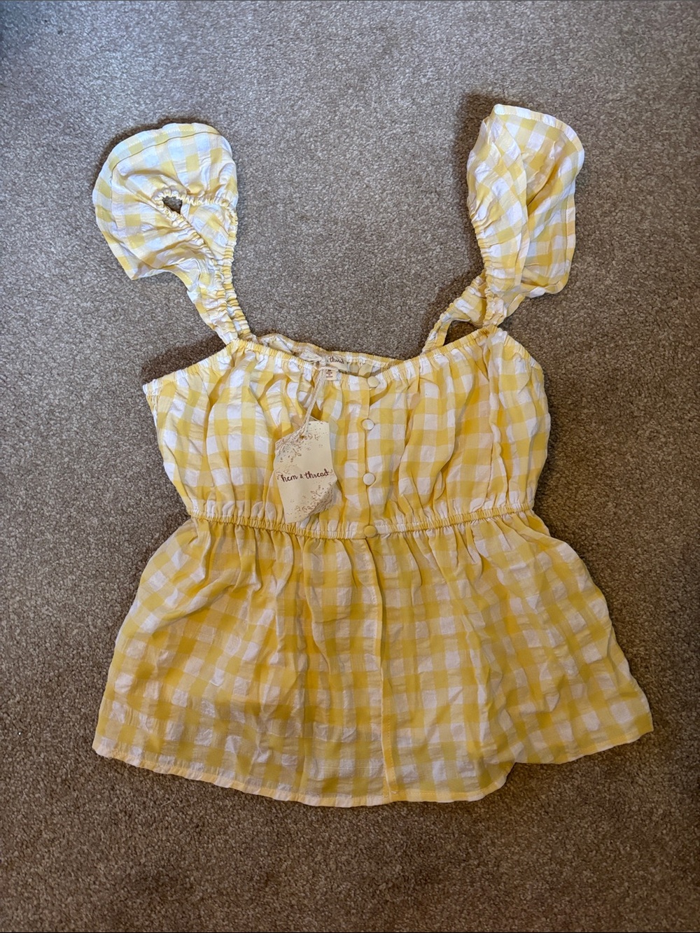 Yellow Gingham Ruffled Strap Tank Top
